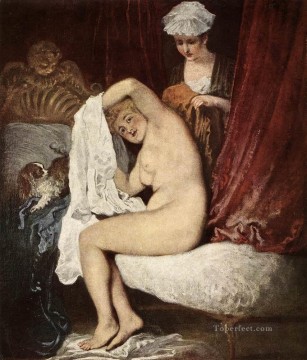 古典的 Painting - ジャン・アントワーヌ・ワトーのクラシックなロココ調のトワレ